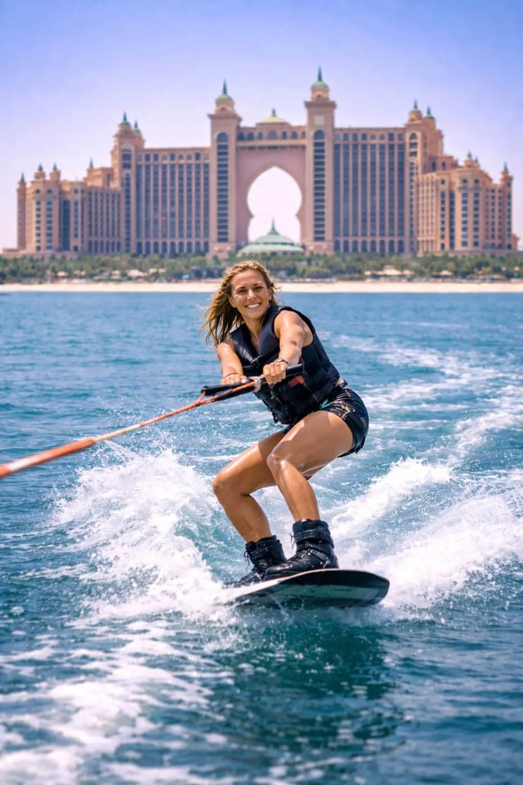 Smiling woman wakesurfing with Atlantis The Palm behind her