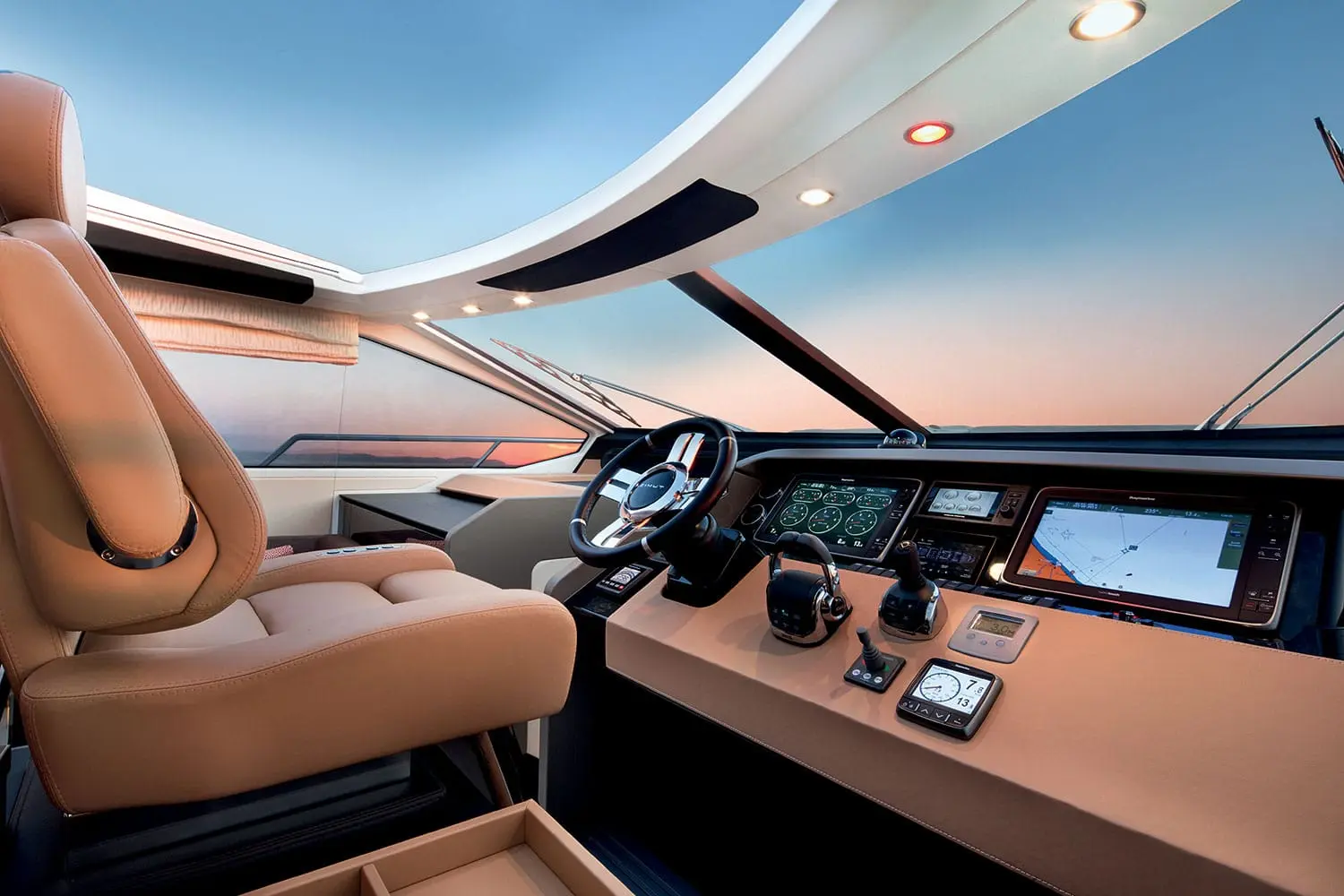 Azimut 77S main helm station with opening hard top — shipyard photo