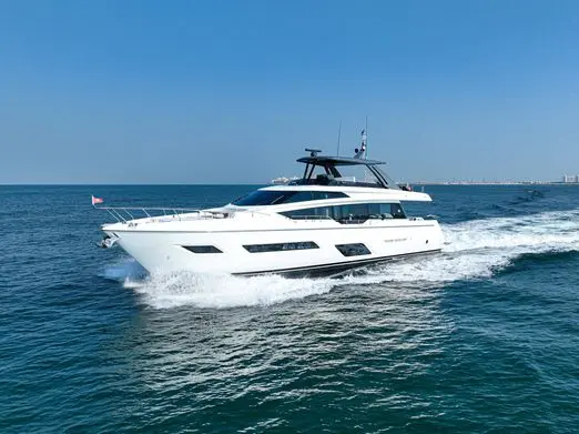 Ferretti 780 yacht charter Dubai exterior view at sea