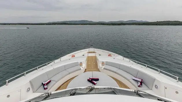 Sunseeker 37M foredeck lounge and sunpads seen from the bridge