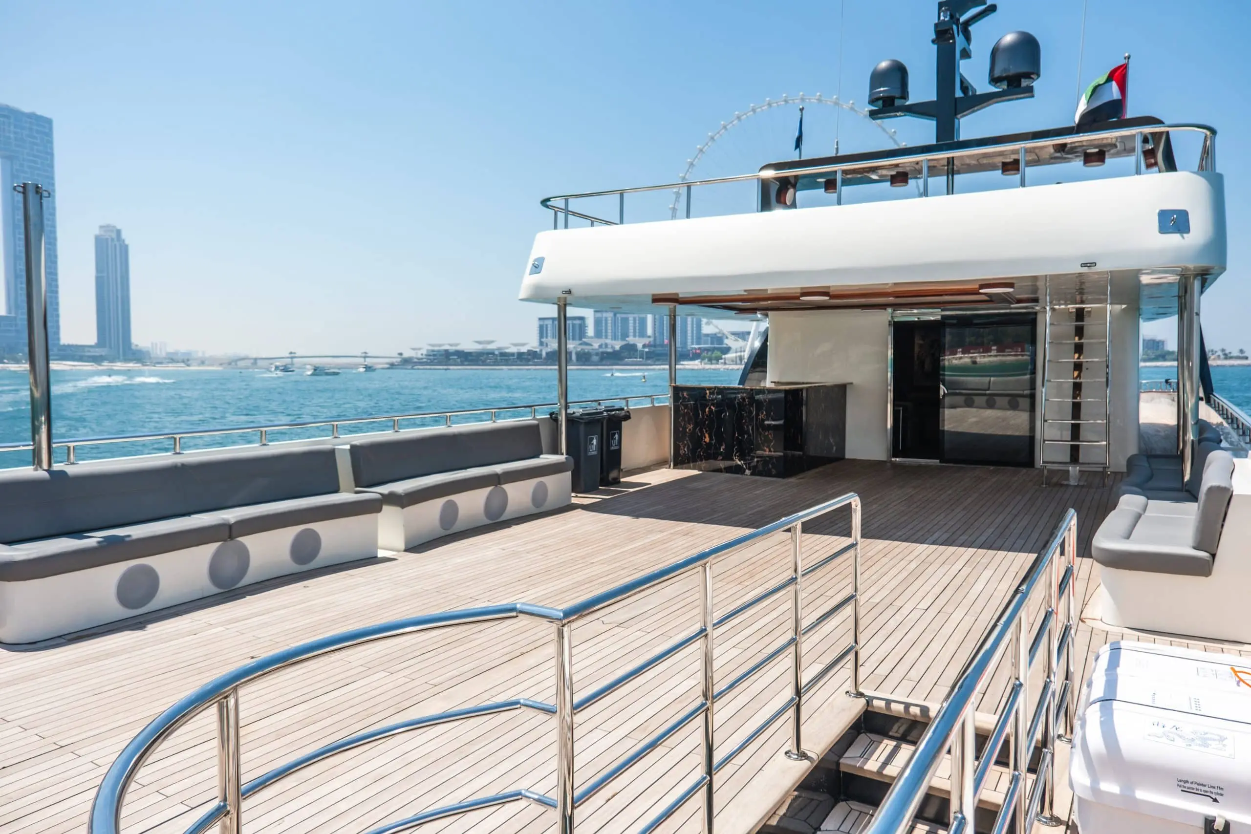 Upper deck exterior walkway on Sapphire 150 Yacht Dubai