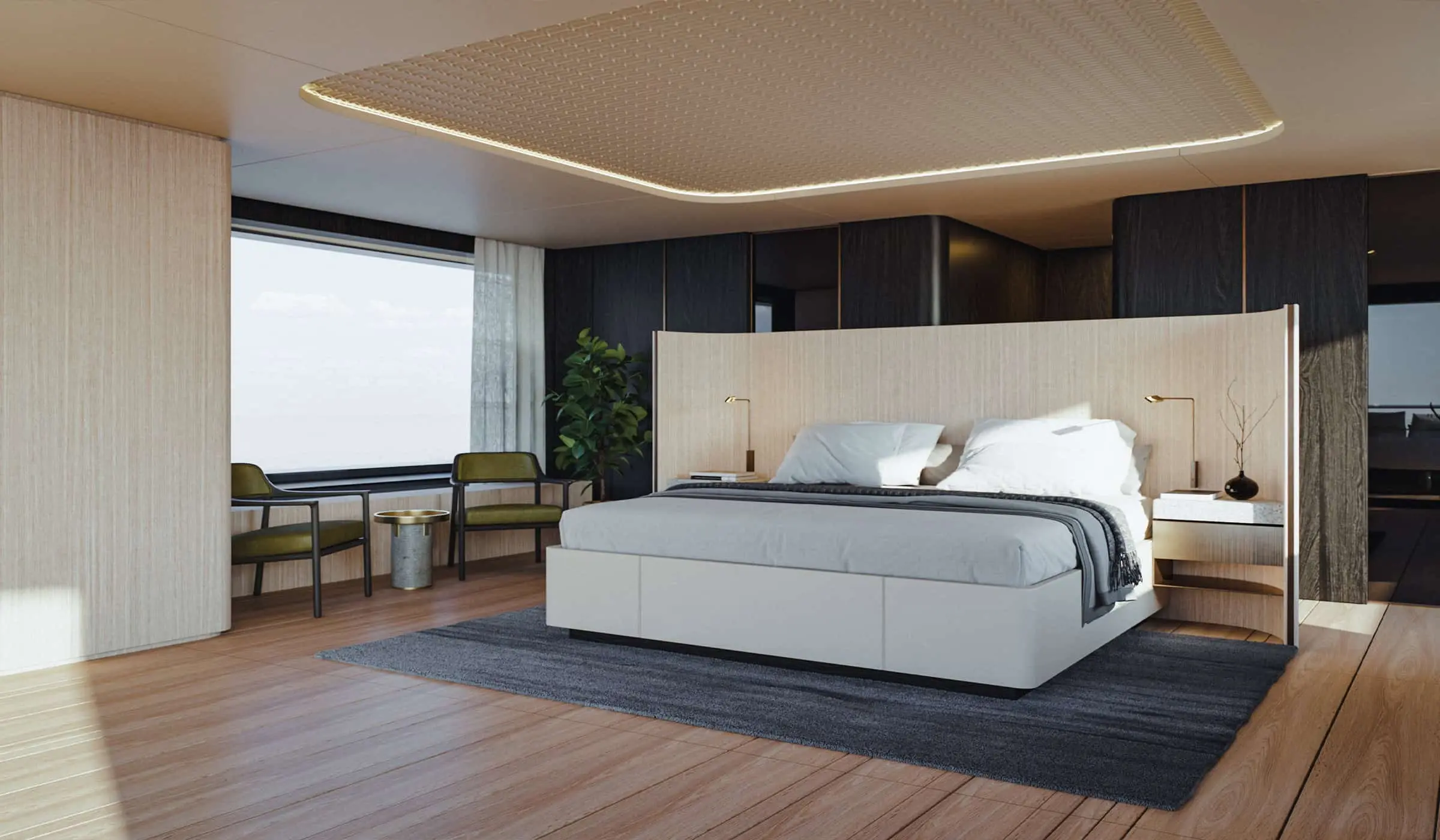 Benetti B.Yond 57M owner's cabin with panoramic windows, shipyard rendering