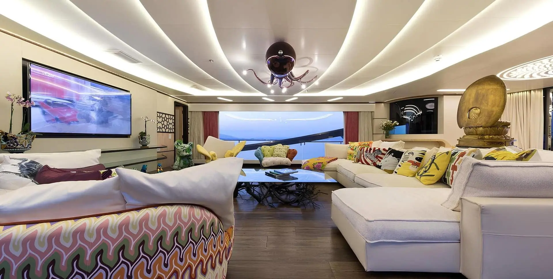 SuperSport 48 main saloon lounge with statement artwork detail