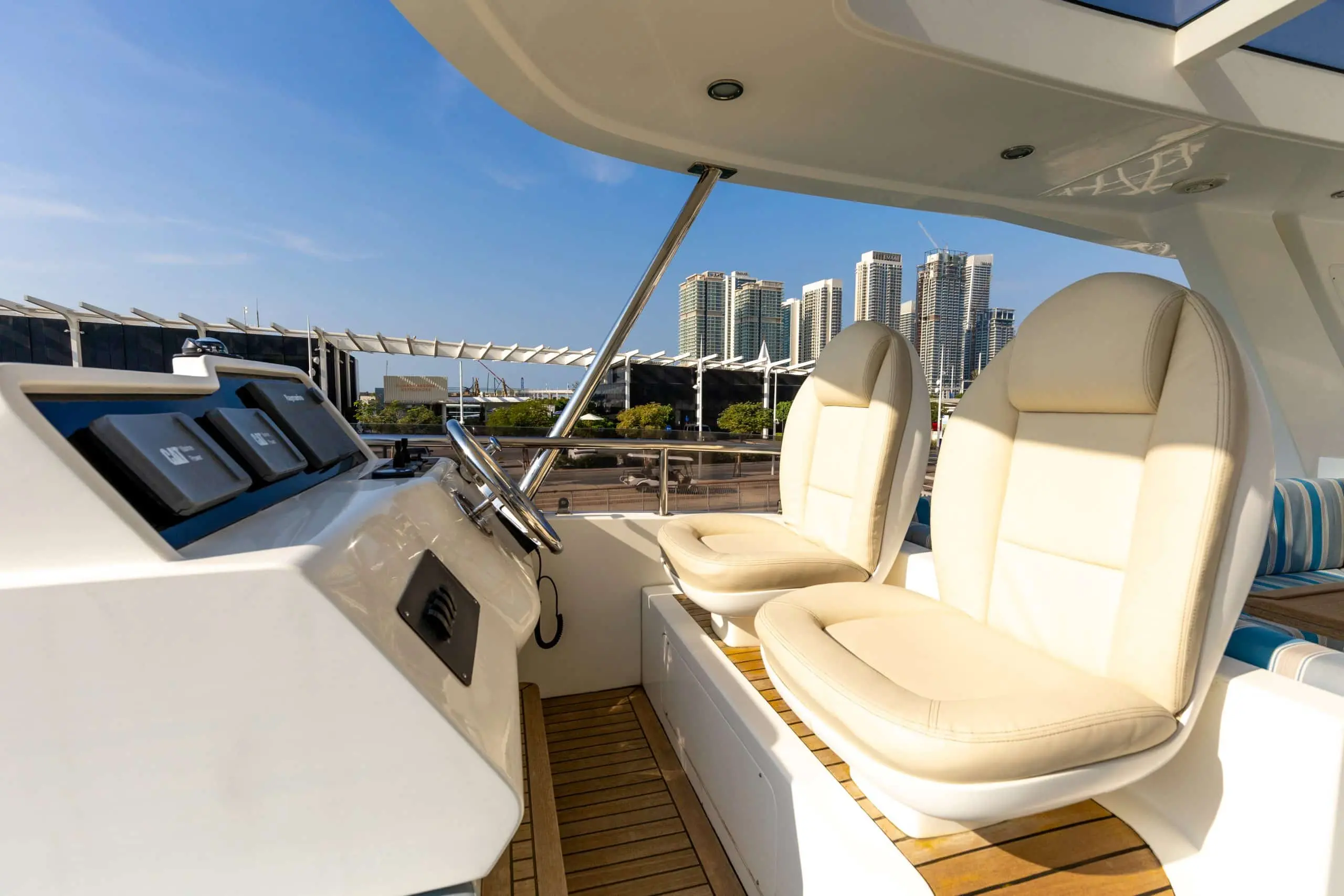 Cante 97 yacht upper deck sunbed area with sea view