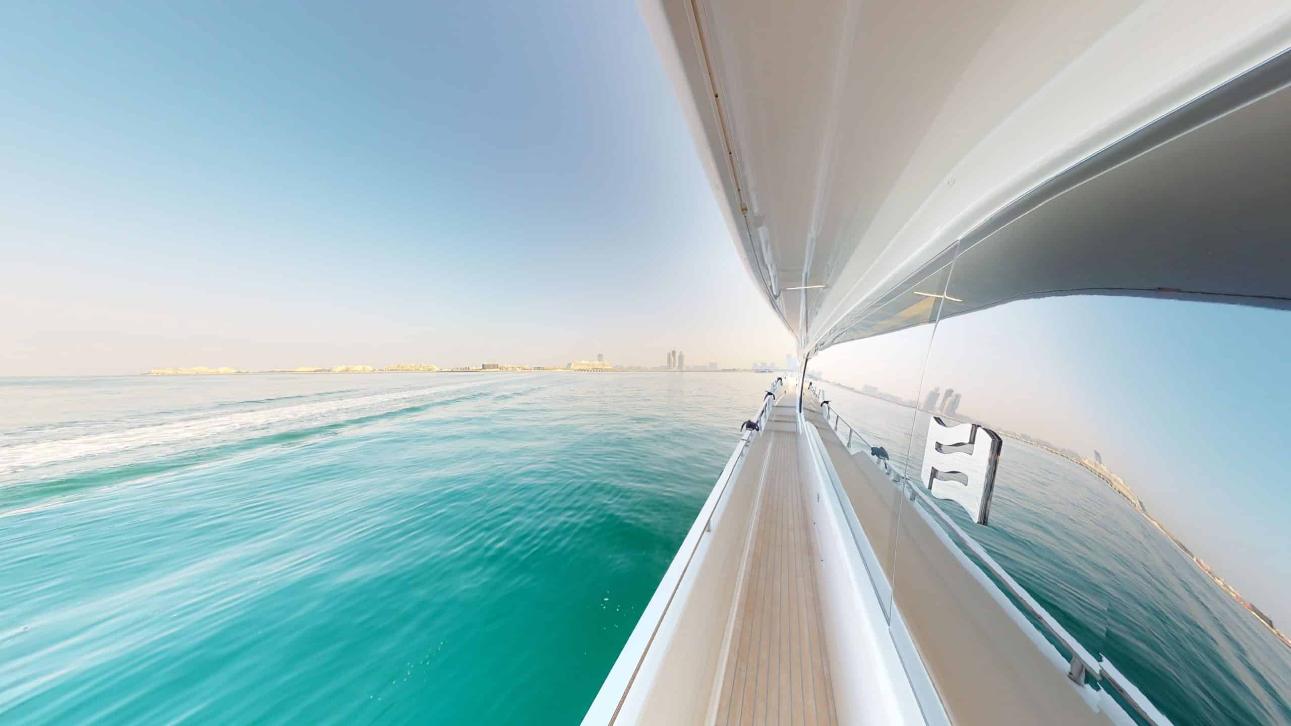 Ferretti 780 yacht side deck walkway with ocean view
