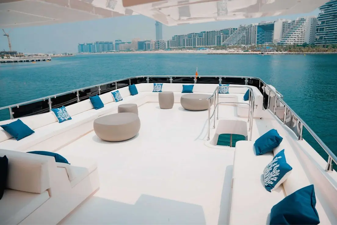 Luna 101 luxury yacht aft deck lounge seating at Yas Marina during Abu Dhabi F1 2026