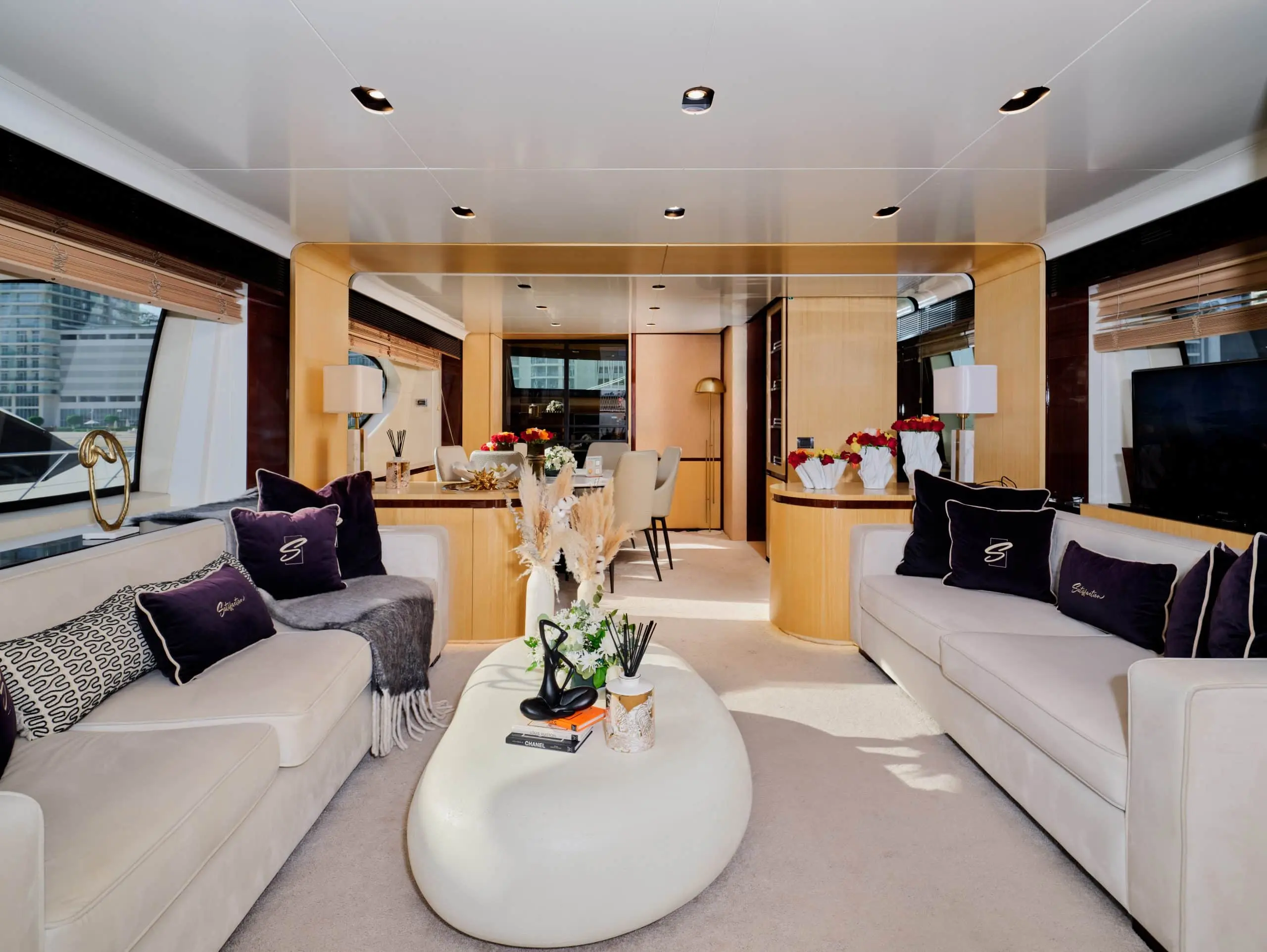 Luxury yacht seating and decor inside Azimut 88