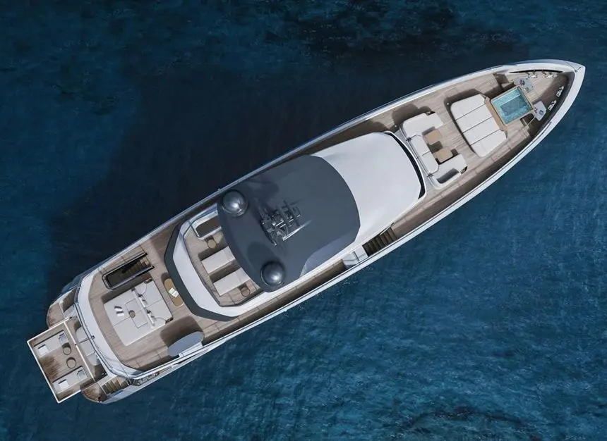 Azimut Grande 36M aerial top-down view, shipyard rendering