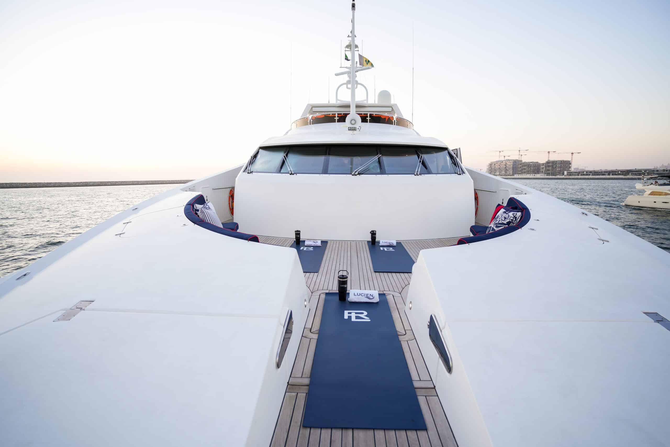 Front bow view of Sunseeker 131 luxury yacht at sea