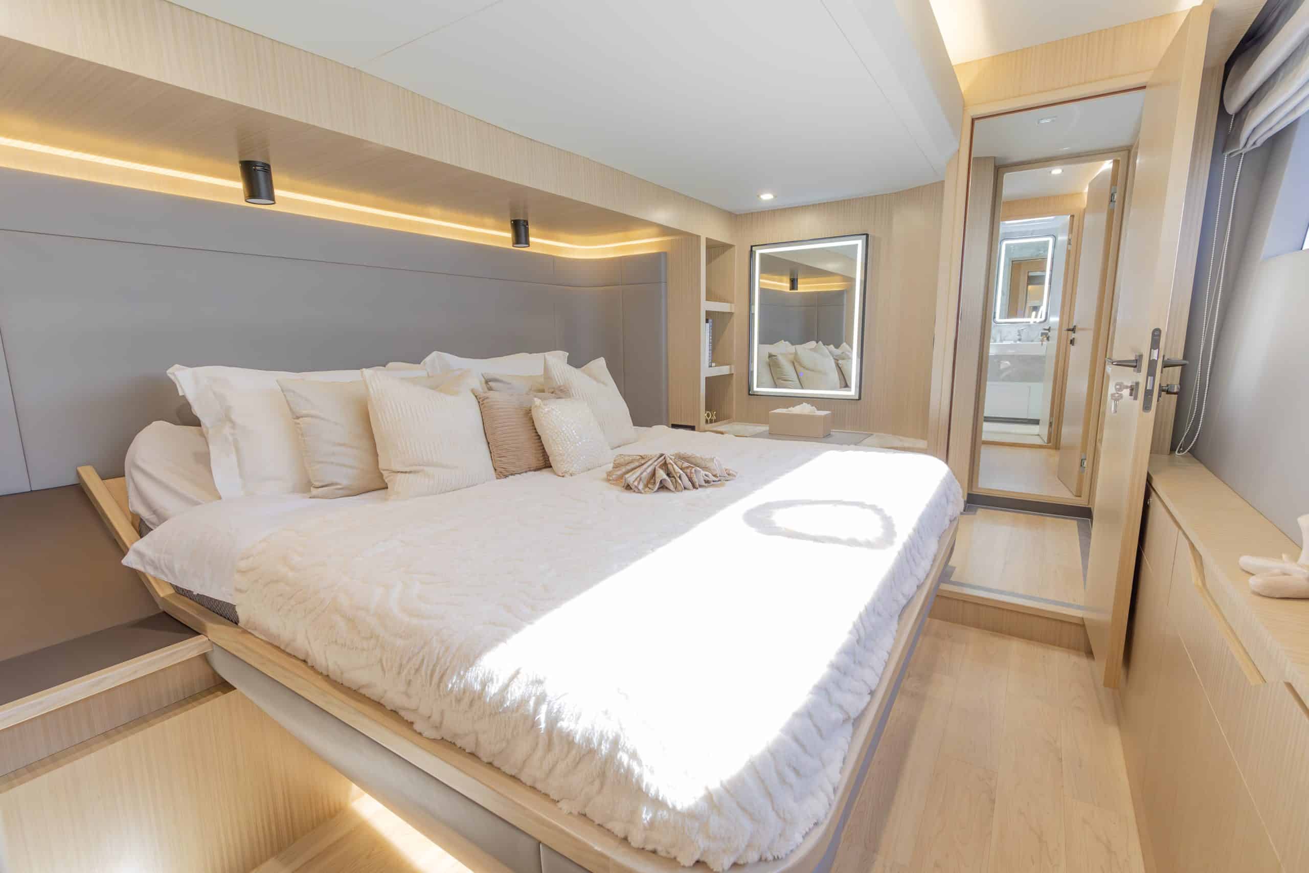Zirve 72 yacht master cabin with double bed and indirect LED lighting