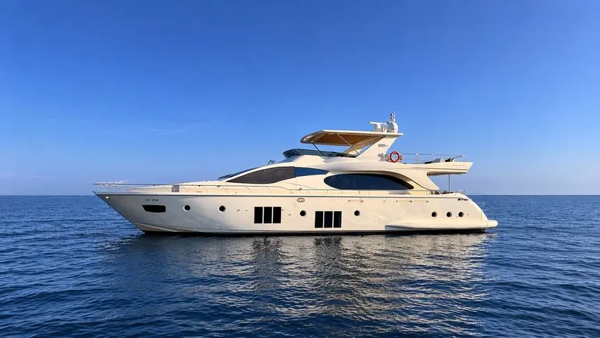 Azimut 88 full profile at anchor with flybridge hardtop