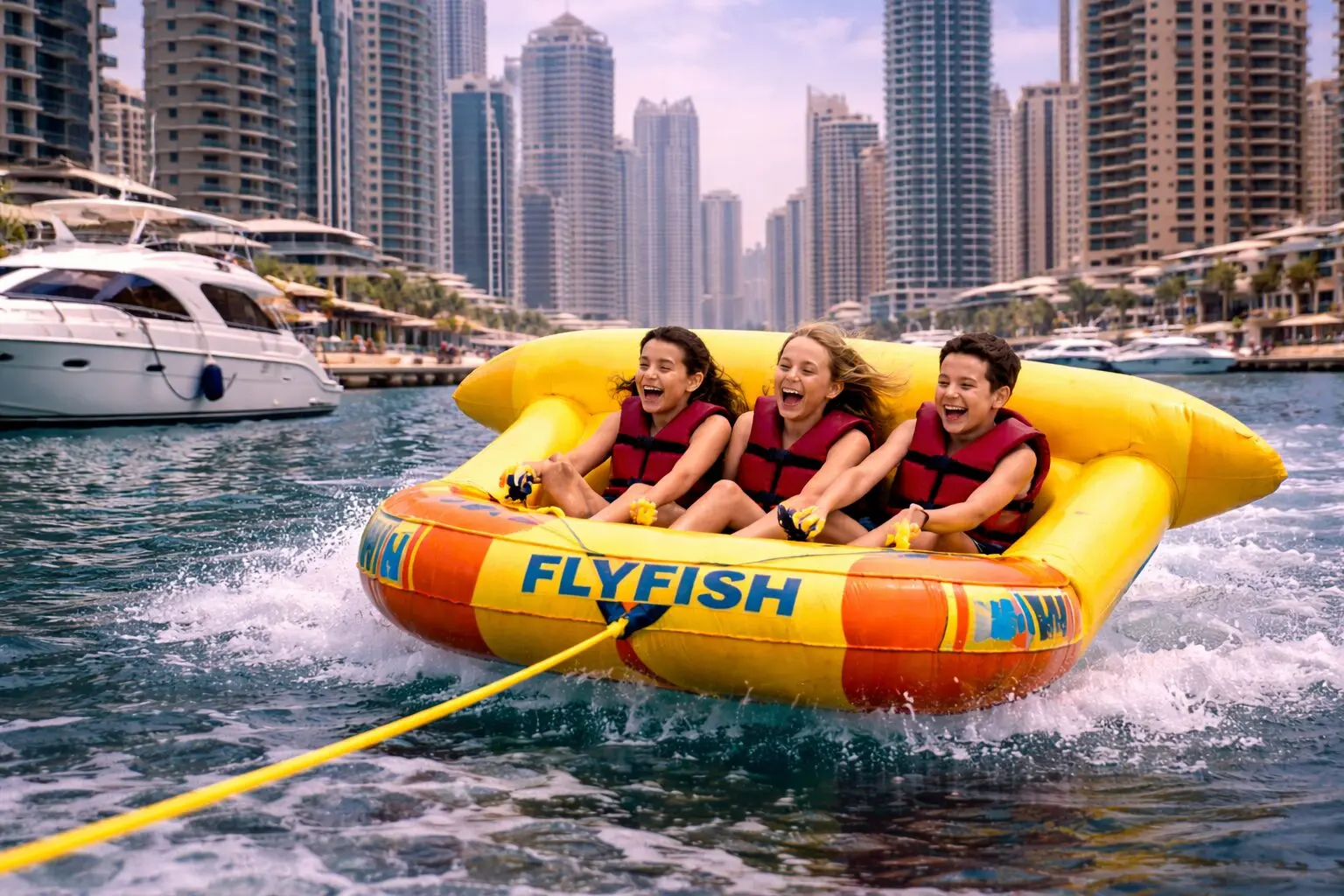 Three children in life jackets laughing aboard a yellow Flyfish inflatable towed near Dubai Marina