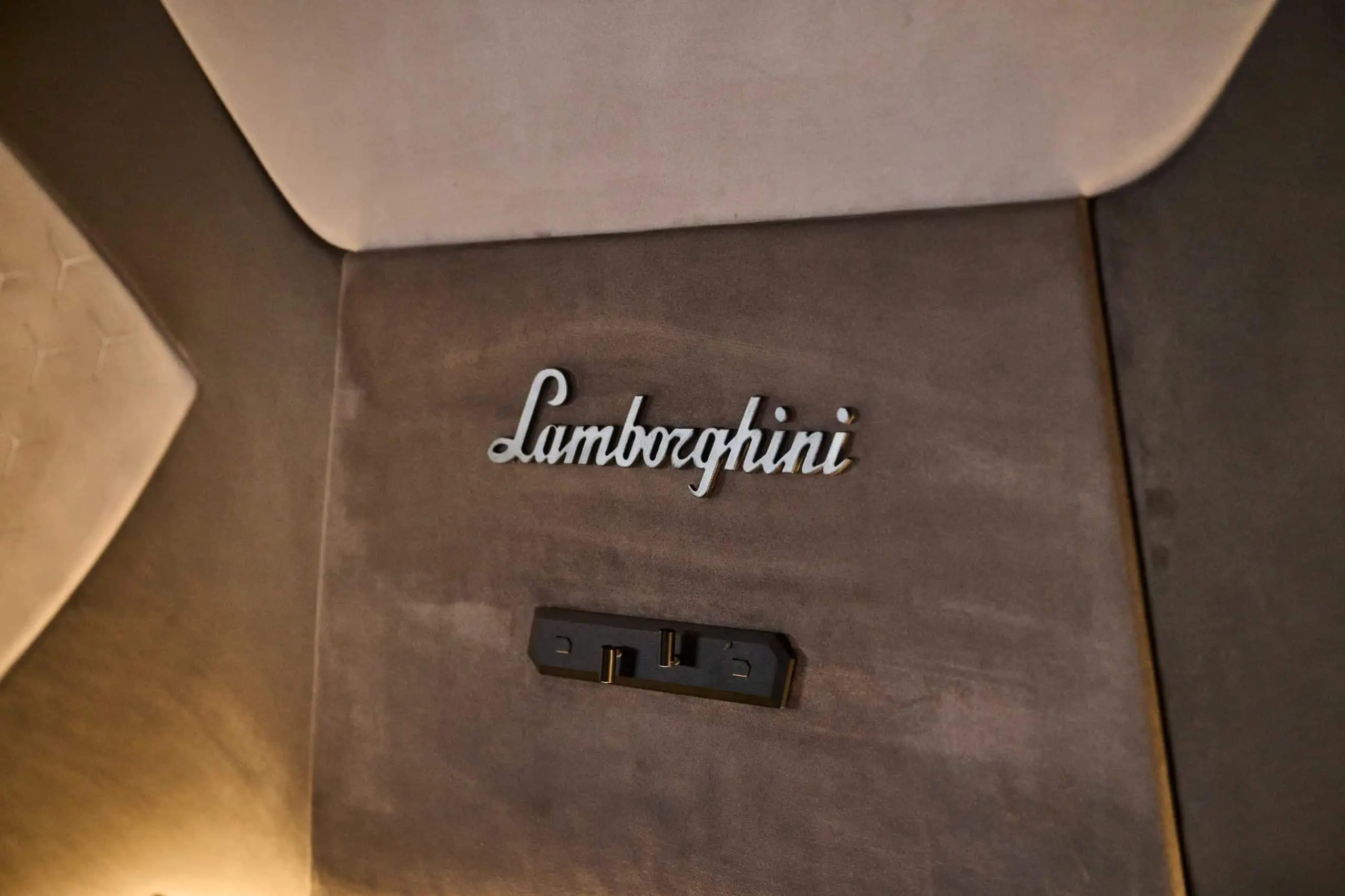 Lamborghini 63 yacht interior leather panel with embroidered Lamborghini logo