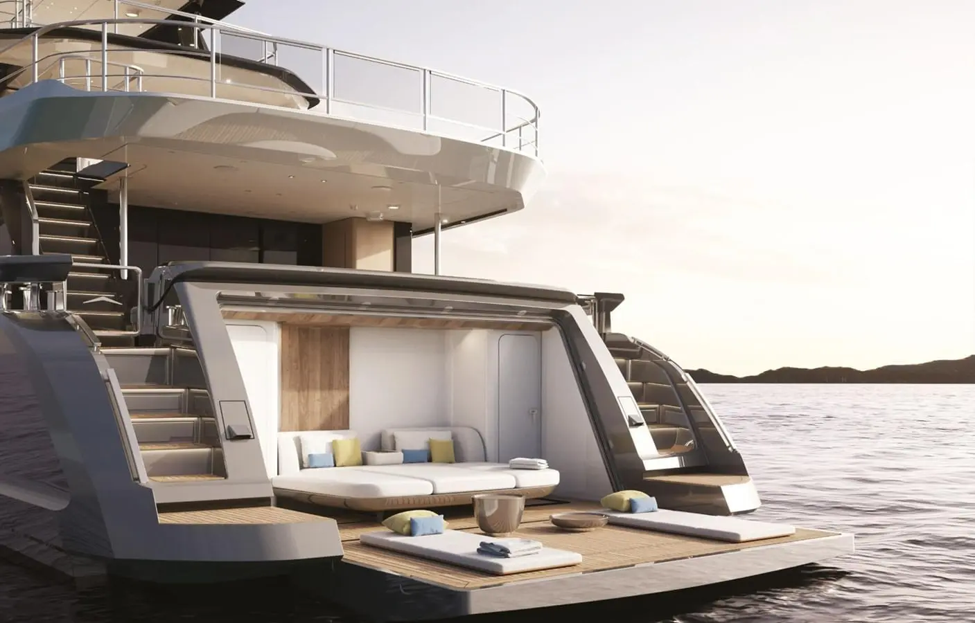 Azimut Grande 36M beach club and swim platform at the stern, shipyard rendering