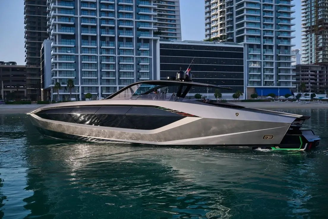 Lamborghini 63 yacht docked in Dubai Marina