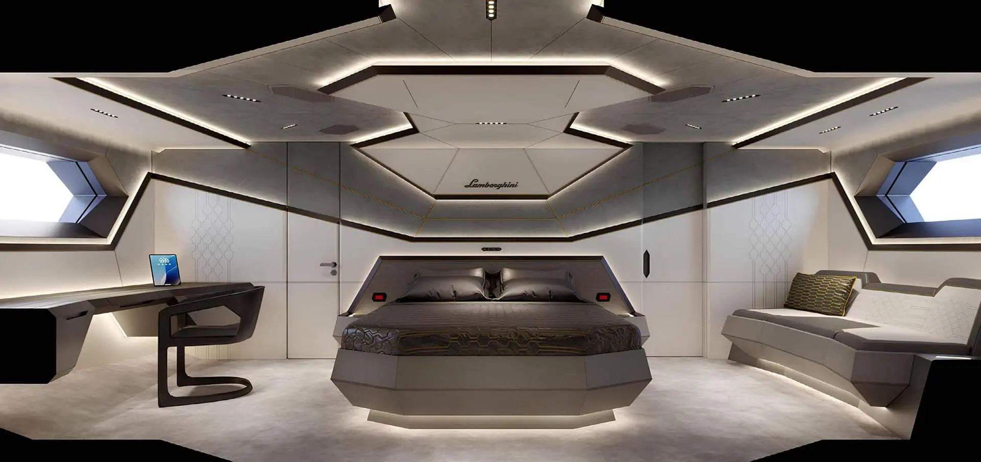 Tecnomar for Lamborghini 101 owner cabin, shipyard rendering