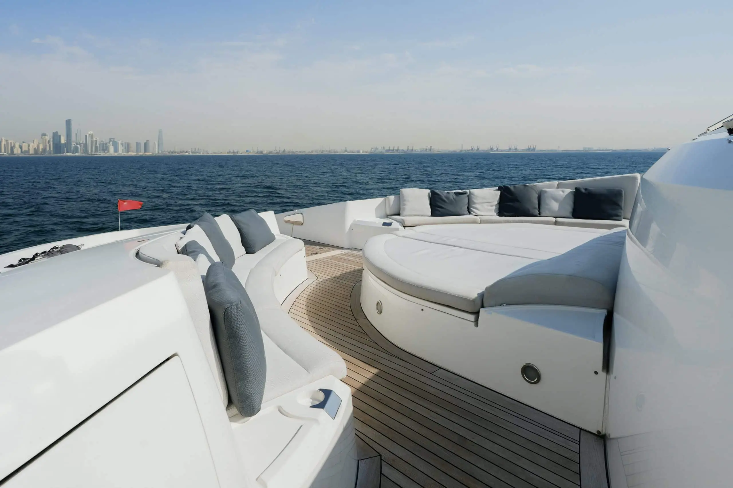 Aurora 130 yacht side deck walkway with white hull and ocean backdrop
