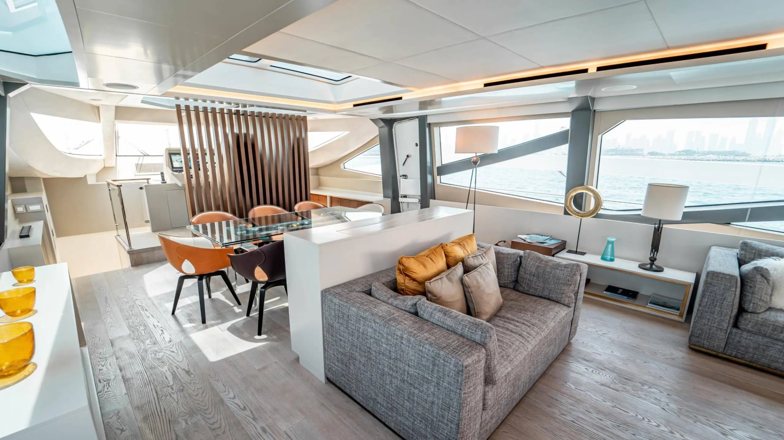 Lounge seating area inside Dolce Vita luxury yacht main salon