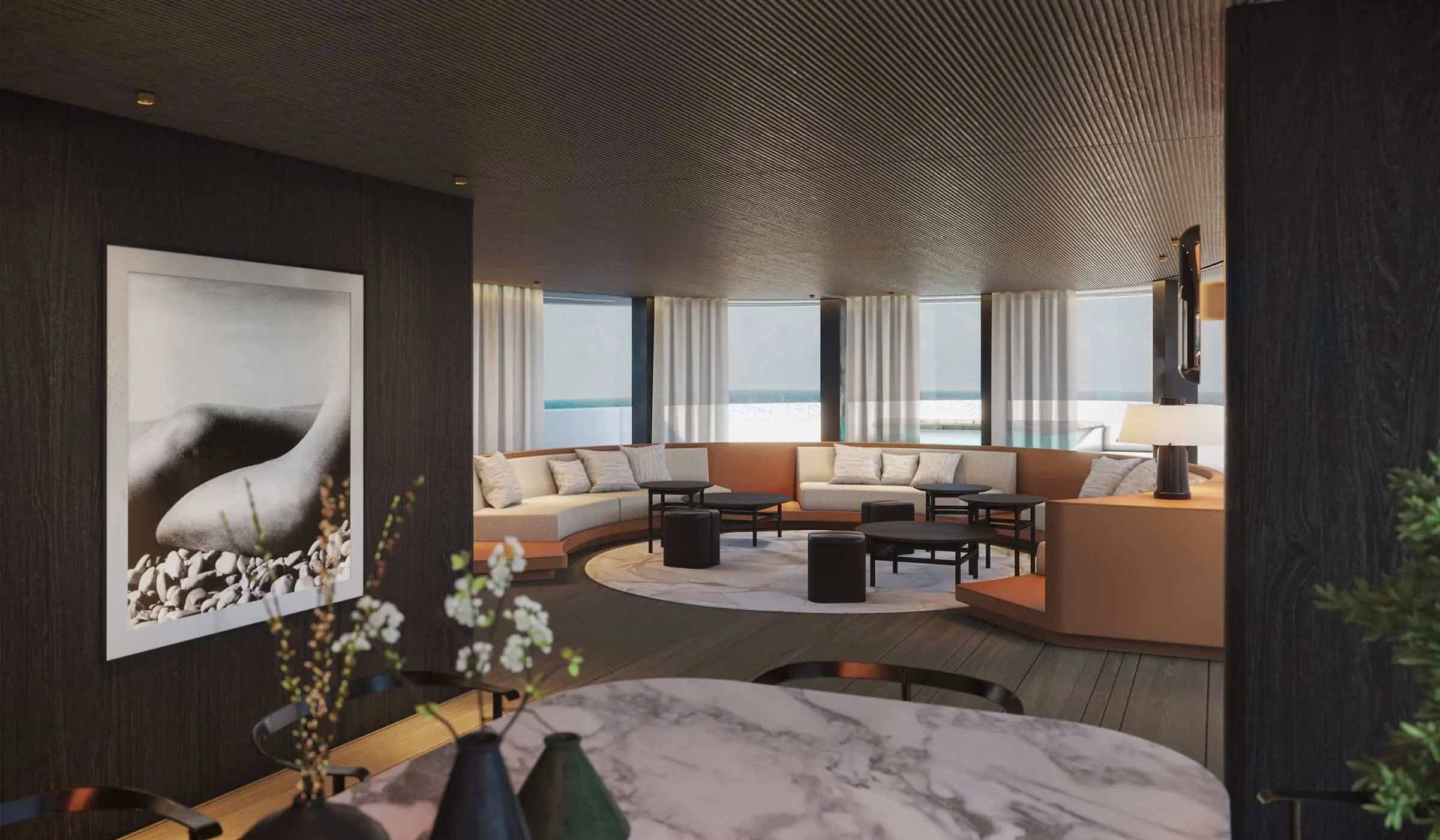 Benetti B.Yond 57M salon lounge, shipyard rendering
