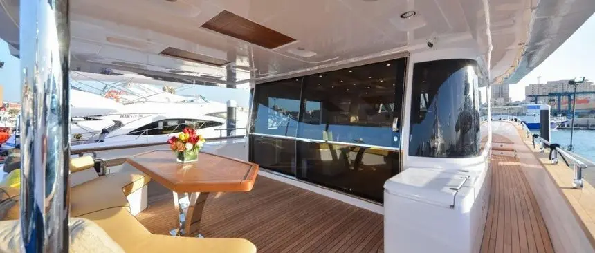 Nomad 65 aft deck cockpit seating and table — shipyard photo
