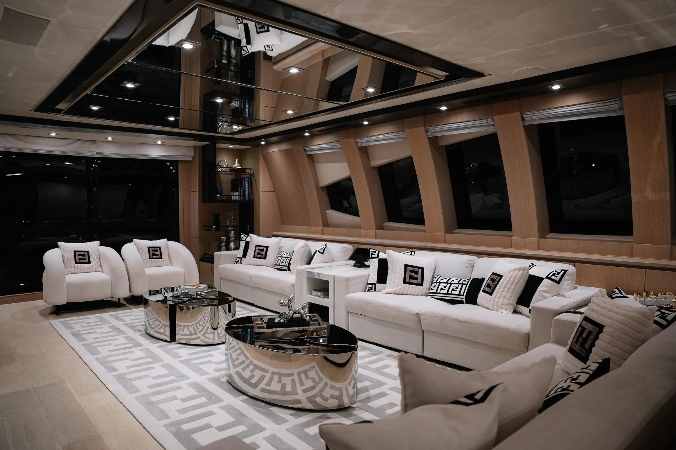 Spacious main lounge inside Royalty 136 luxury yacht