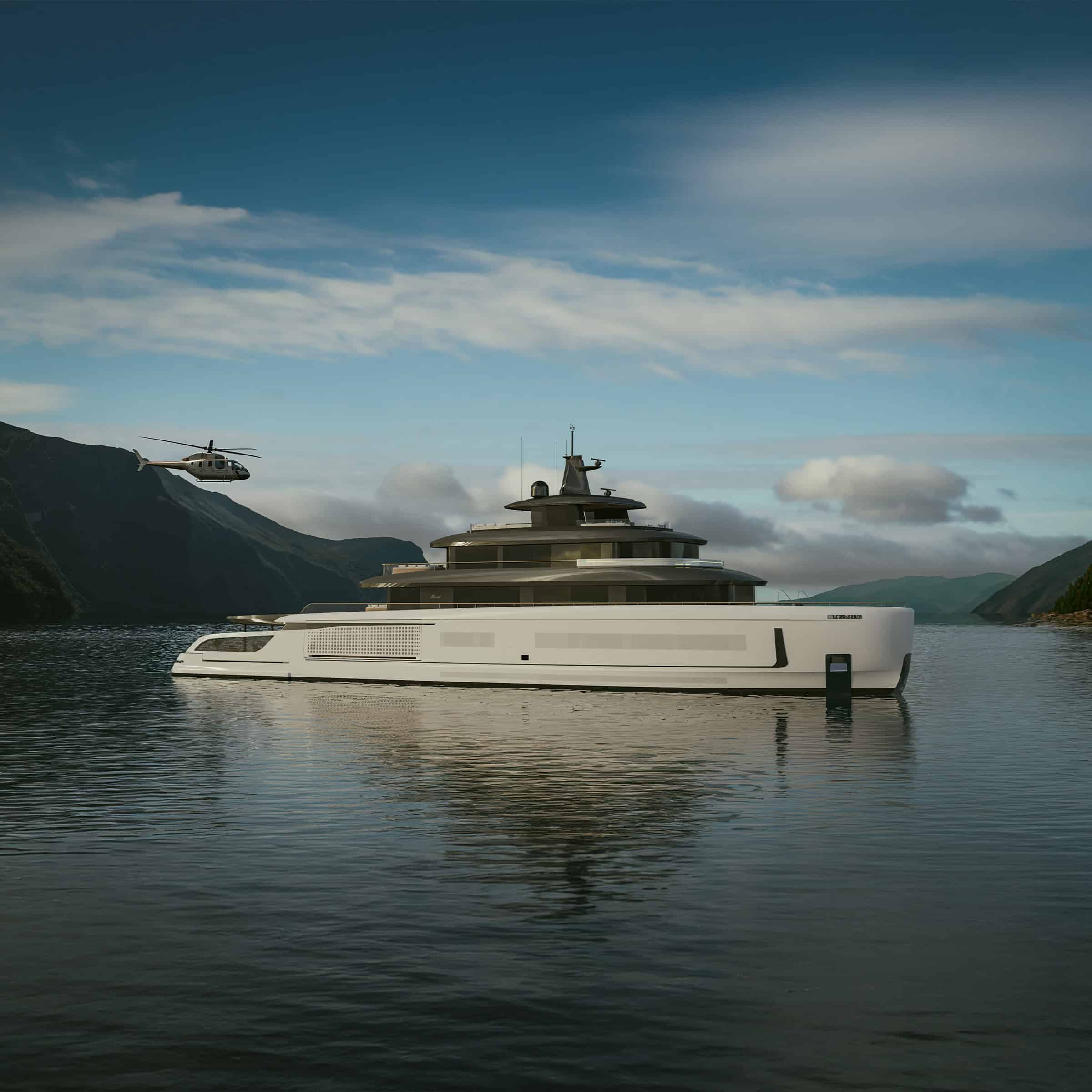 Benetti B.Yond 57M profile in a fjord with helicopter on the helipad, shipyard rendering