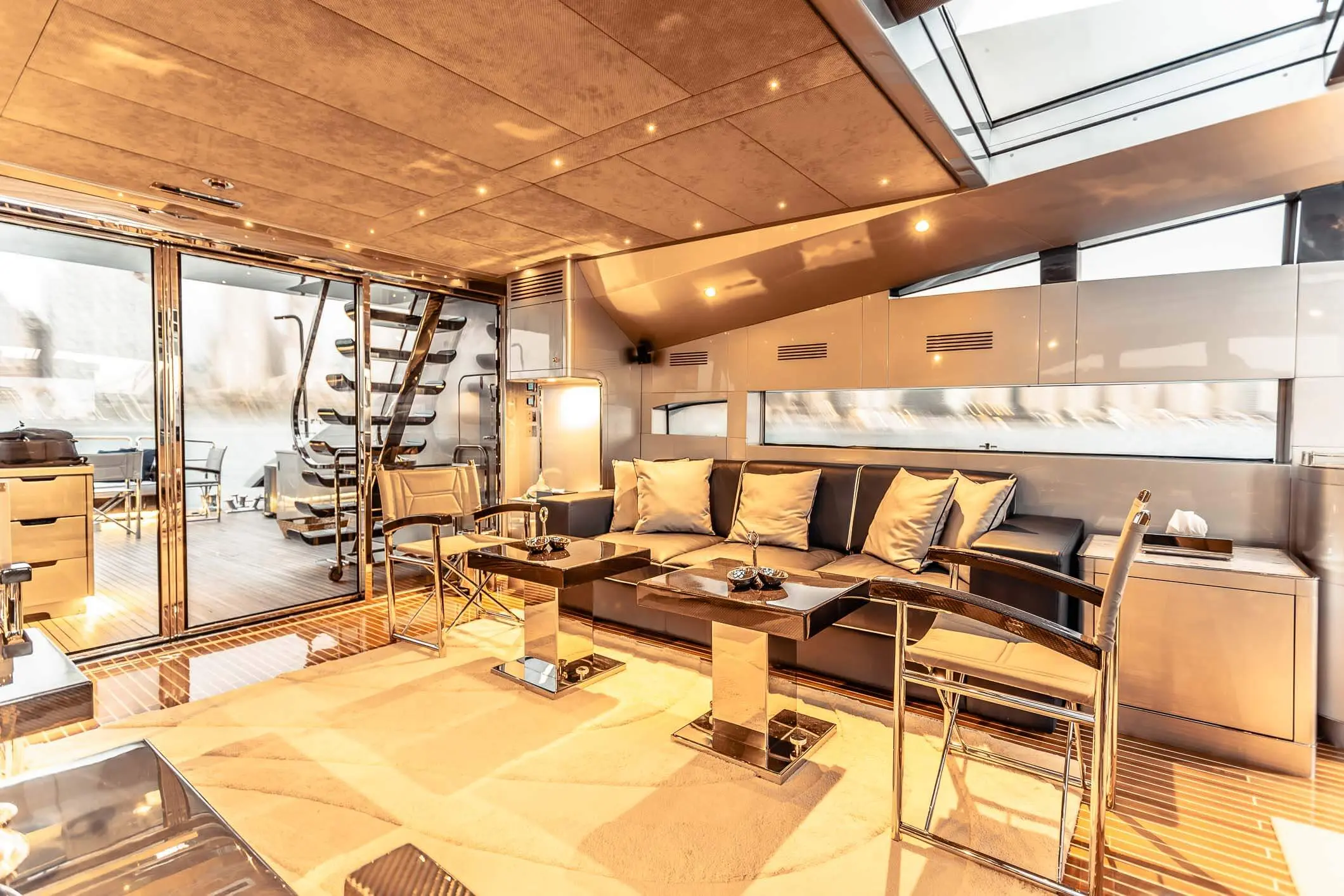 Baglietto 105 HT saloon looking aft across the lounge area