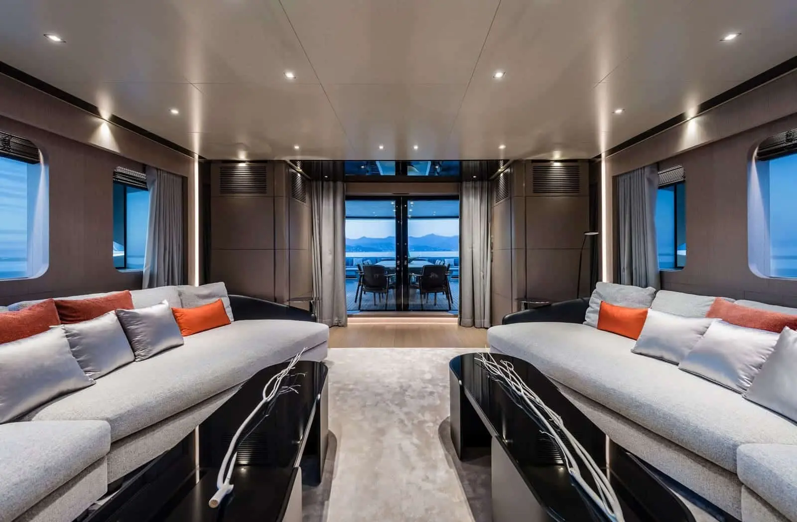 Tankoa S501 main saloon with full-height windows, shipyard