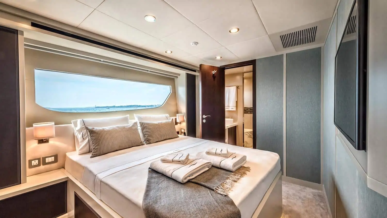 Master cabin vanity and storage area on Dolce Vita yacht