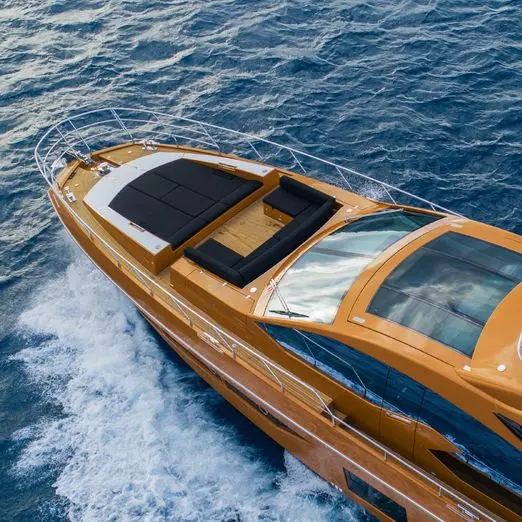 Azimut 77 luxury yacht top deck view cruising on open sea in Dubai