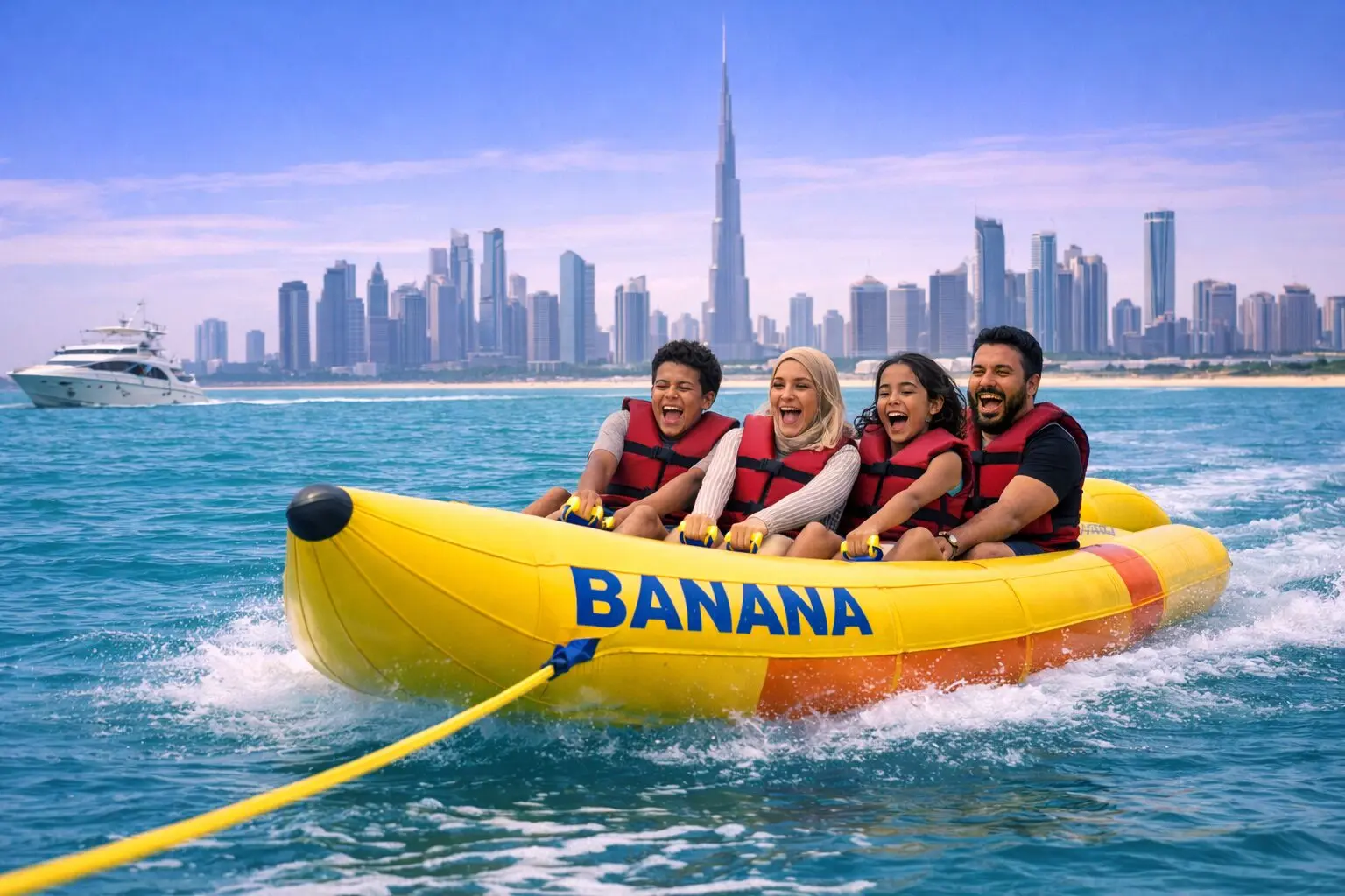 Banana boat ride with group of tourists enjoying watersports in Dubai with city skyline in background