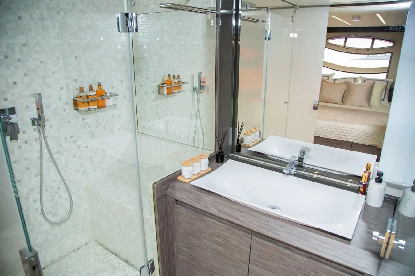 Pershing 82 master cabin en-suite with mosaic-tiled shower