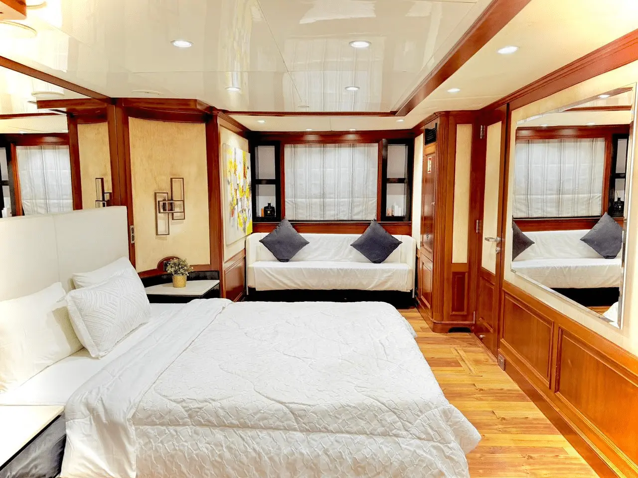 Benetti 120 master cabin with king size bed and panoramic windows