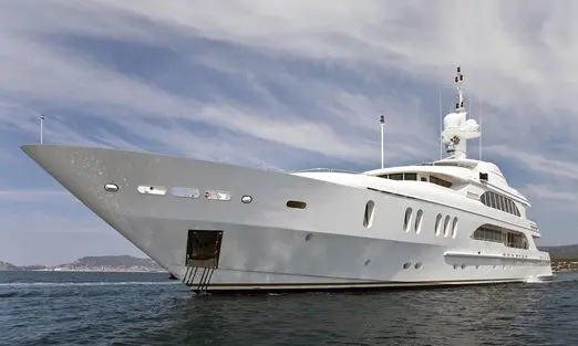 Athena 170 superyacht side profile docked at marina