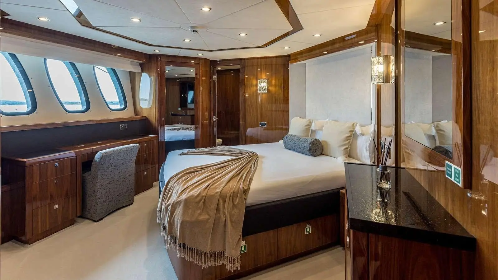 Sunseeker 37M VIP double cabin in warm walnut and cream linen