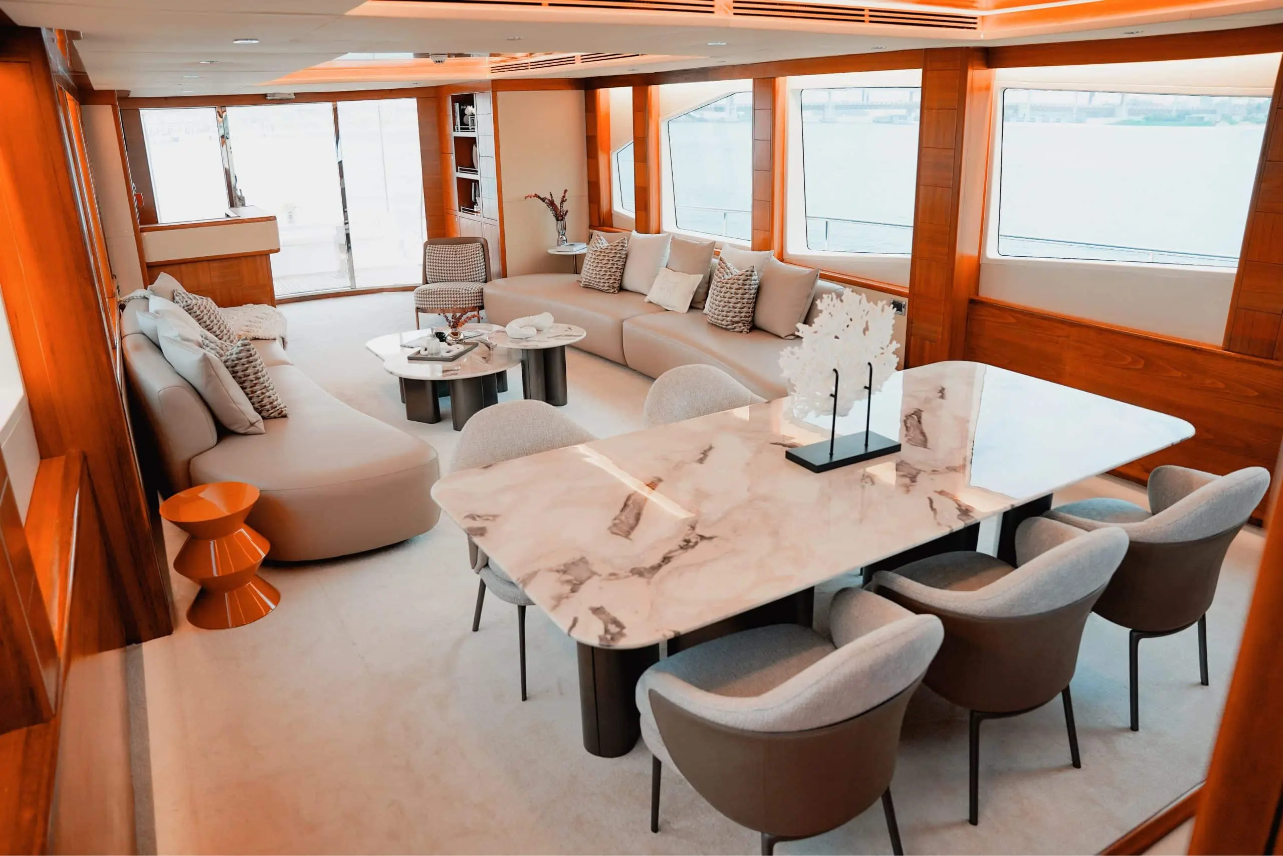 Luxury dining and entertainment area onboard Luna 101 yacht at Yas Marina Abu Dhabi