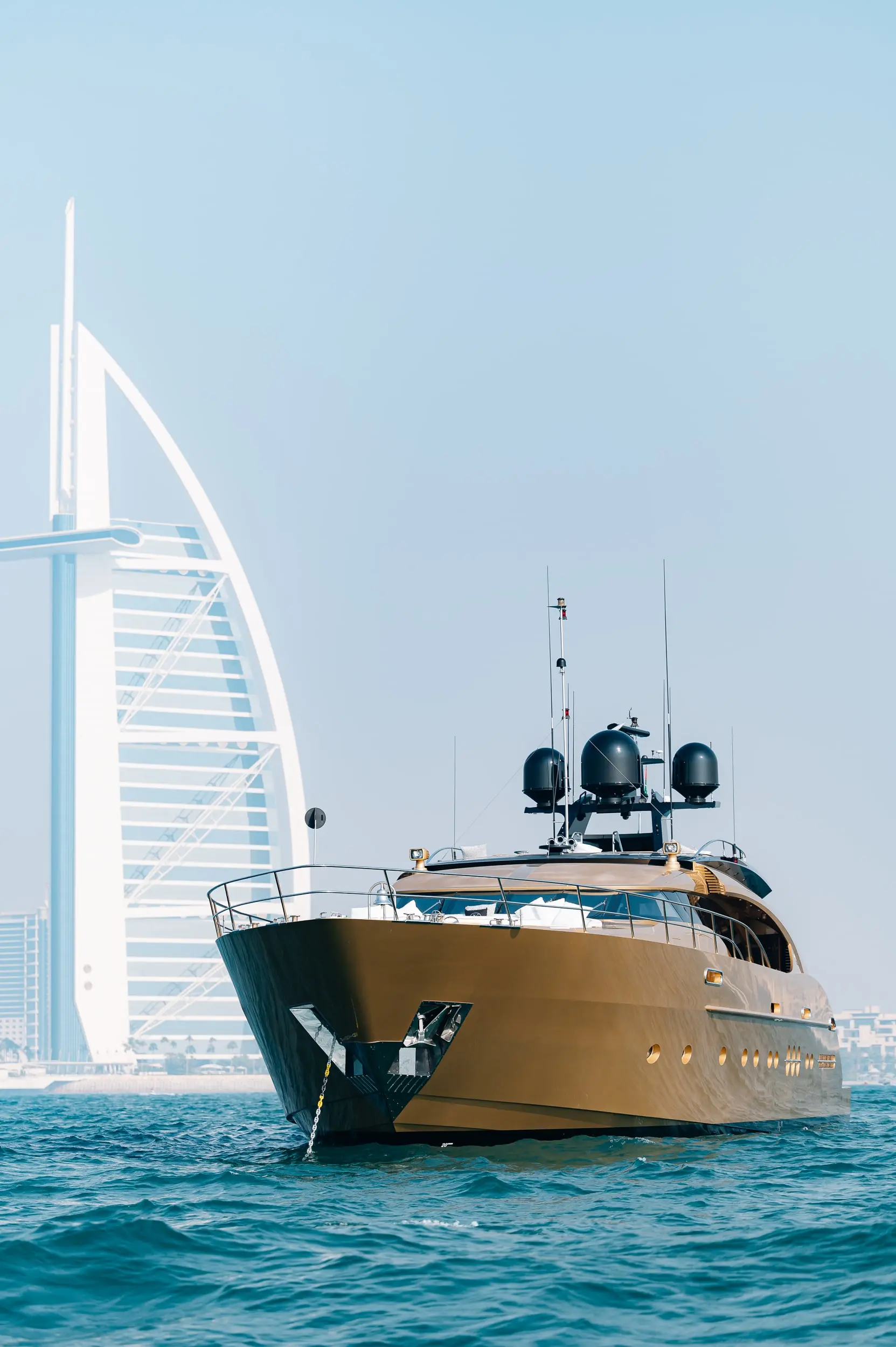 Front exterior view of Royalty 136 luxury yacht near Dubai coastline