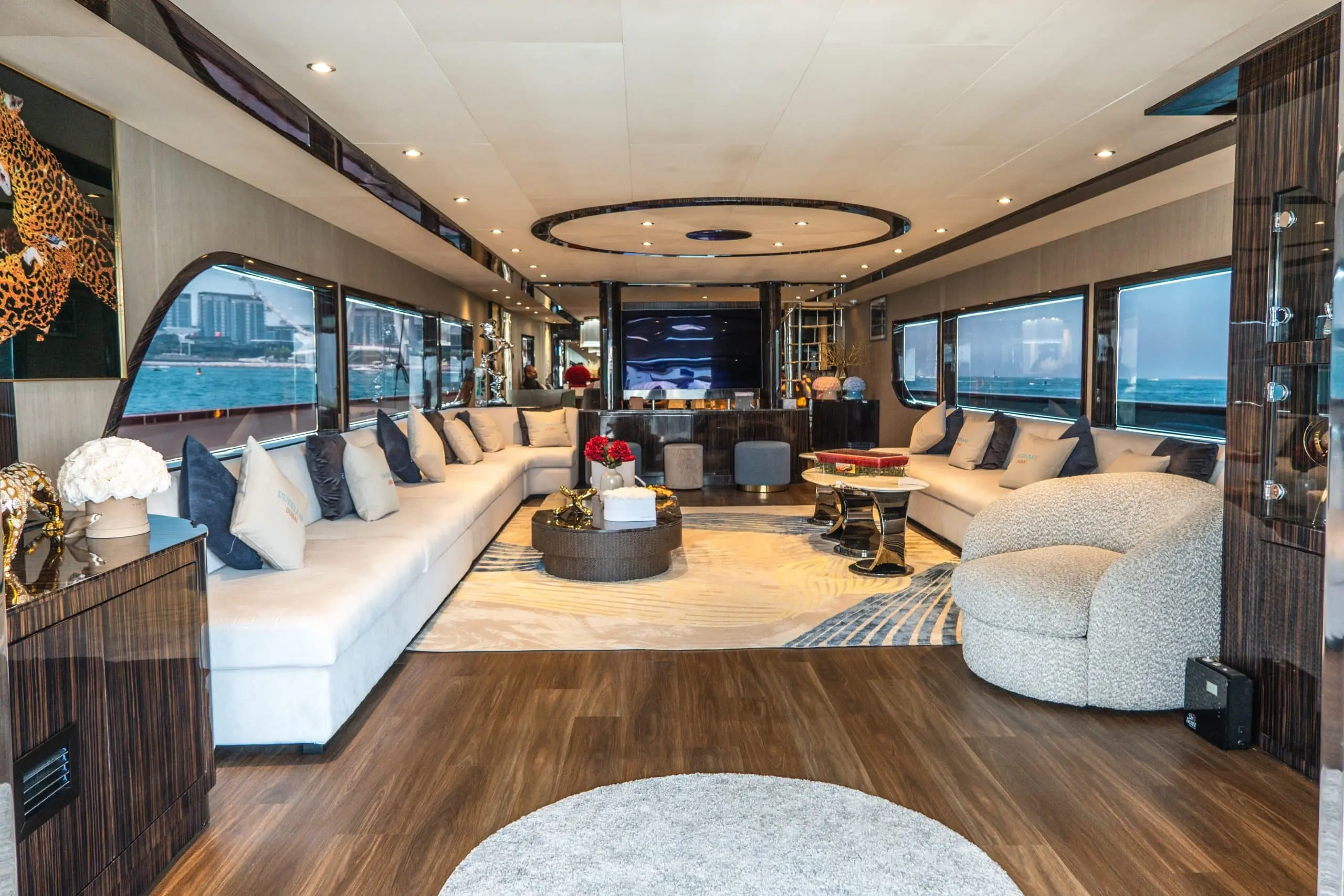Spacious lounge interior of Sapphire 150 Yacht rental Dubai