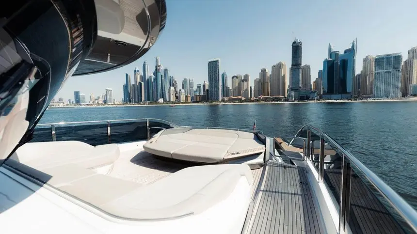 Princess X95 foredeck lounge with Dubai skyline view