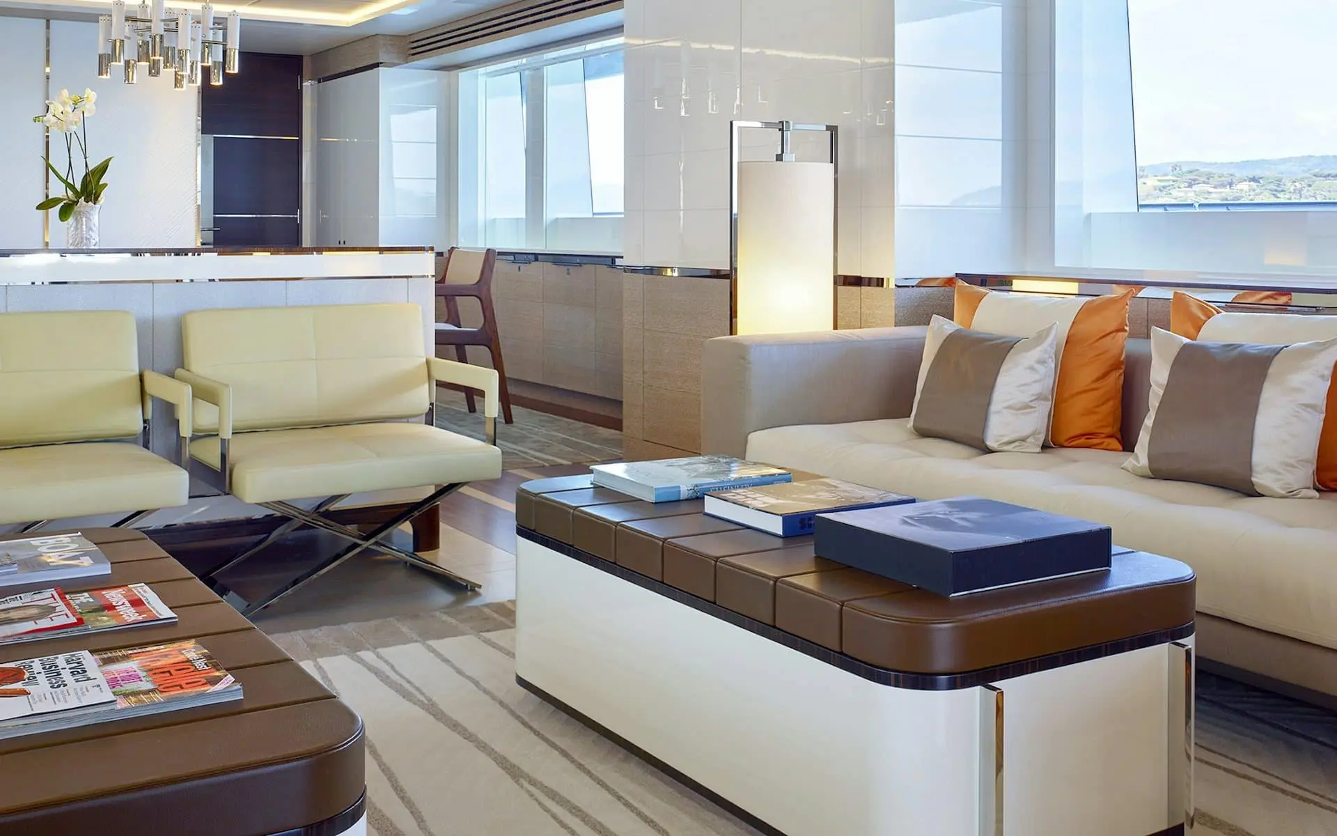 Modern yacht interior lounge with natural lighting on Sofiya 153