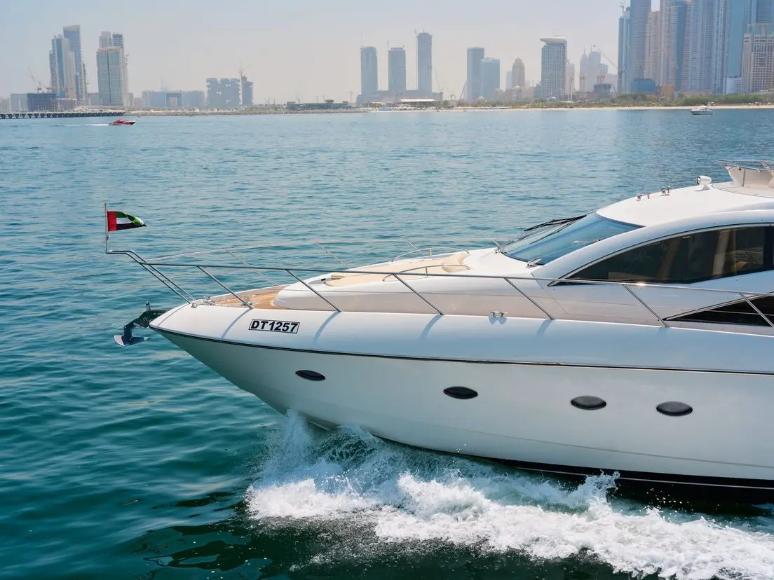 Sunseeker Satoshi 70 cruising in Abu Dhabi waters with skyline background