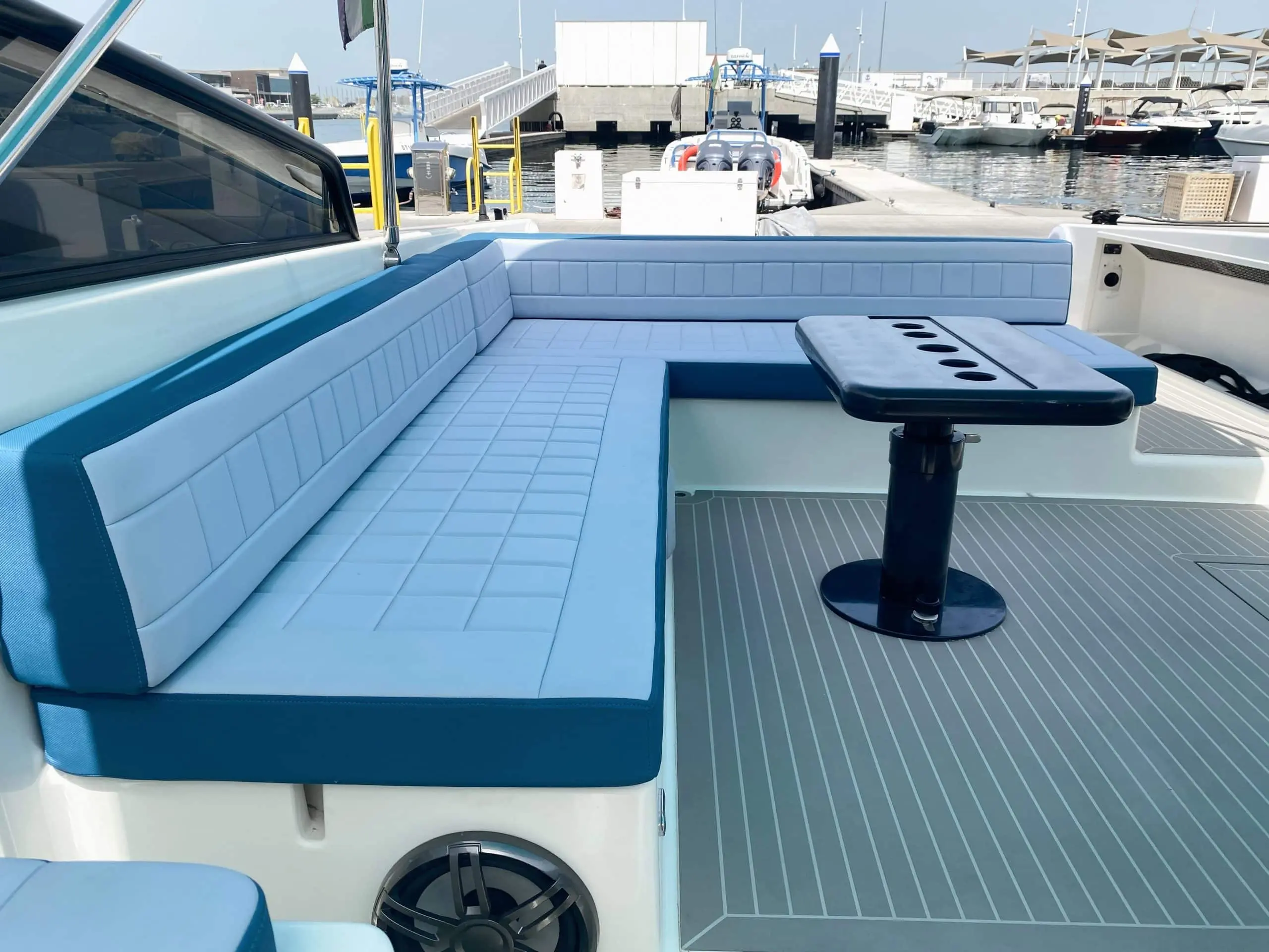 Von Dutch 40 rear lounge seating area with table in Dubai Marina