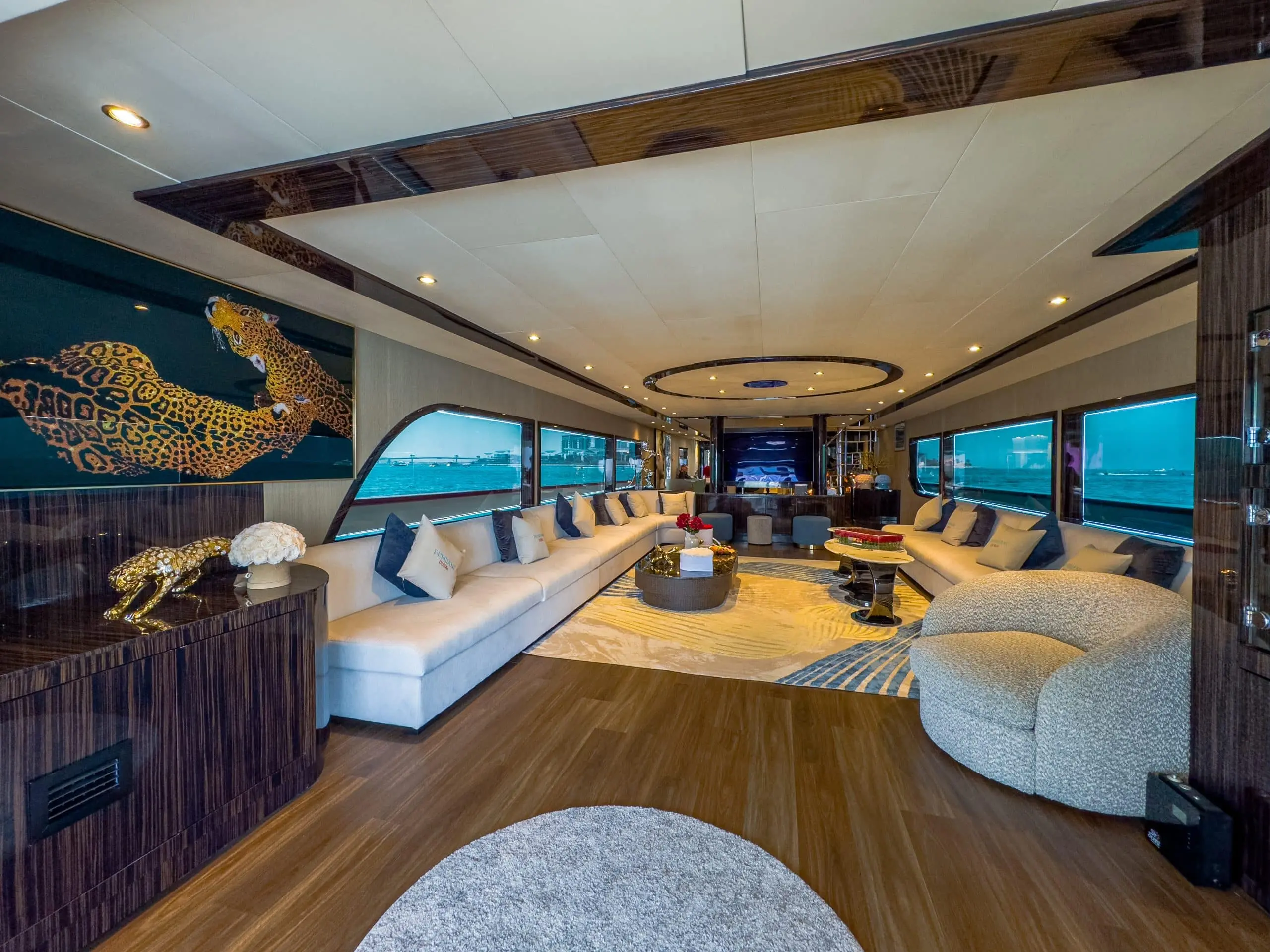 Luxury main salon of Sapphire 150 Yacht rental in Dubai with sea views