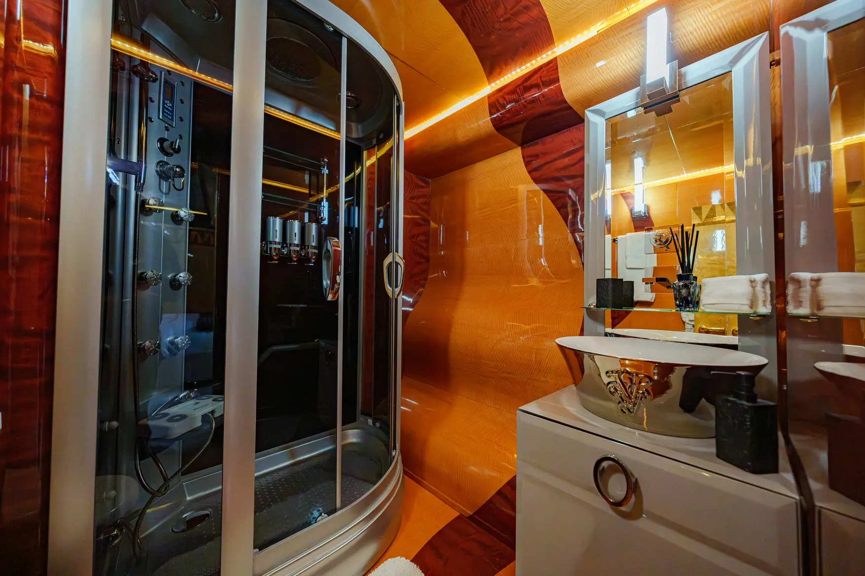 Thunder Superyacht bathroom with marble sink and luxury shower area