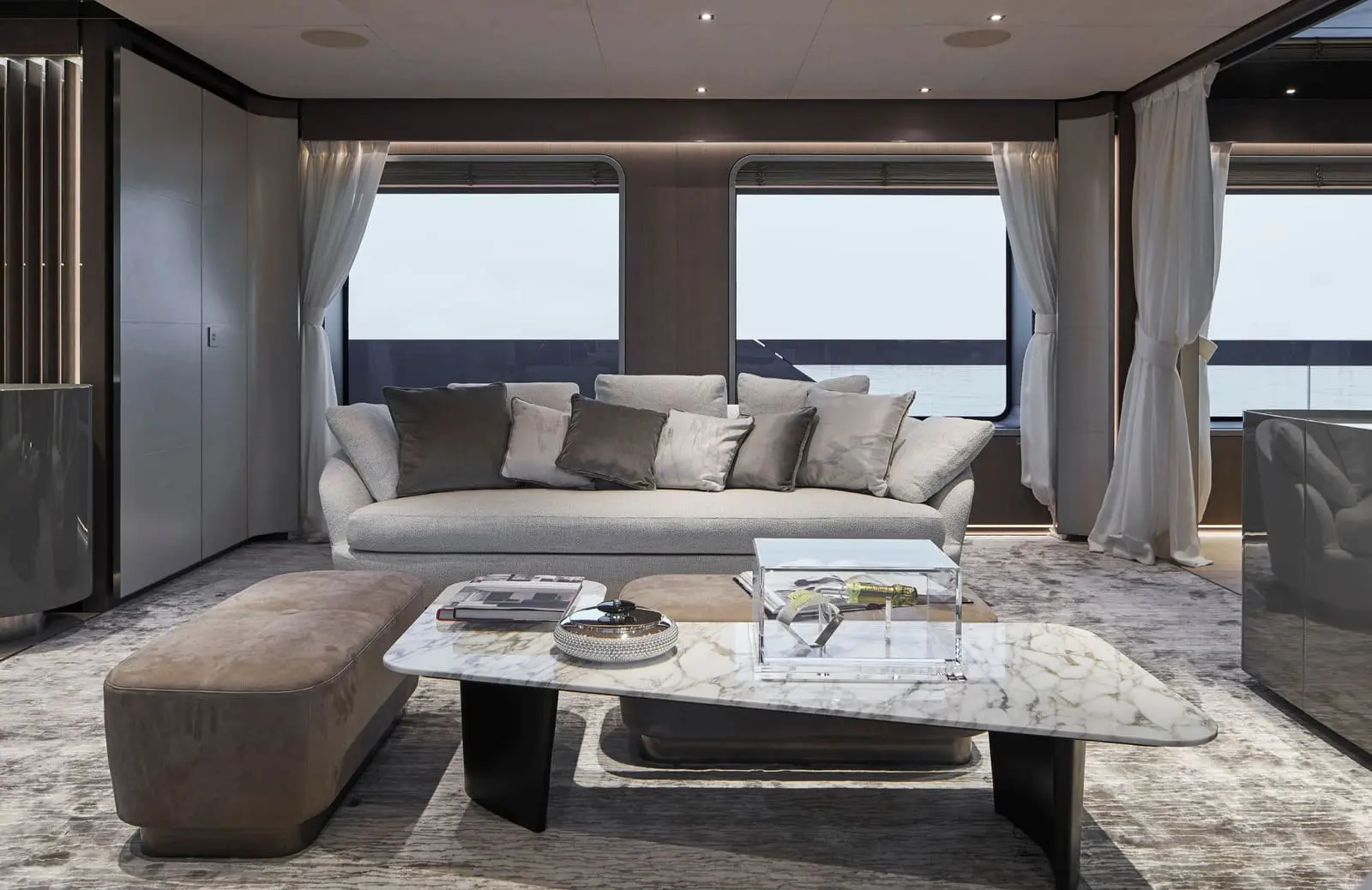 Tankoa S501 main saloon seating and coffee table, shipyard