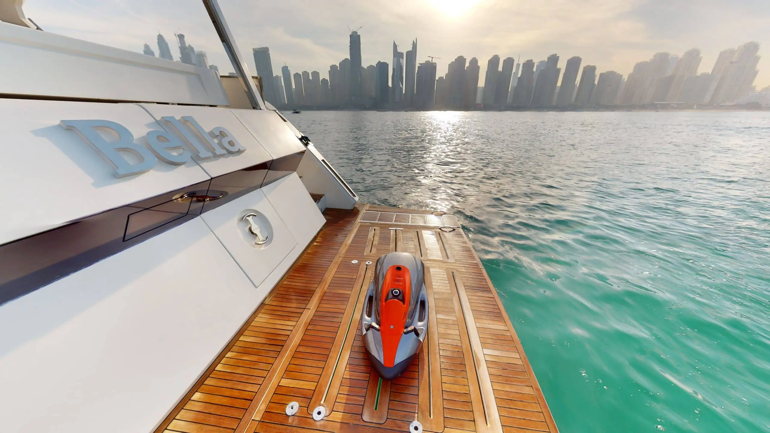 Galeon 780 F1 yacht rear deck with jet ski and ocean view