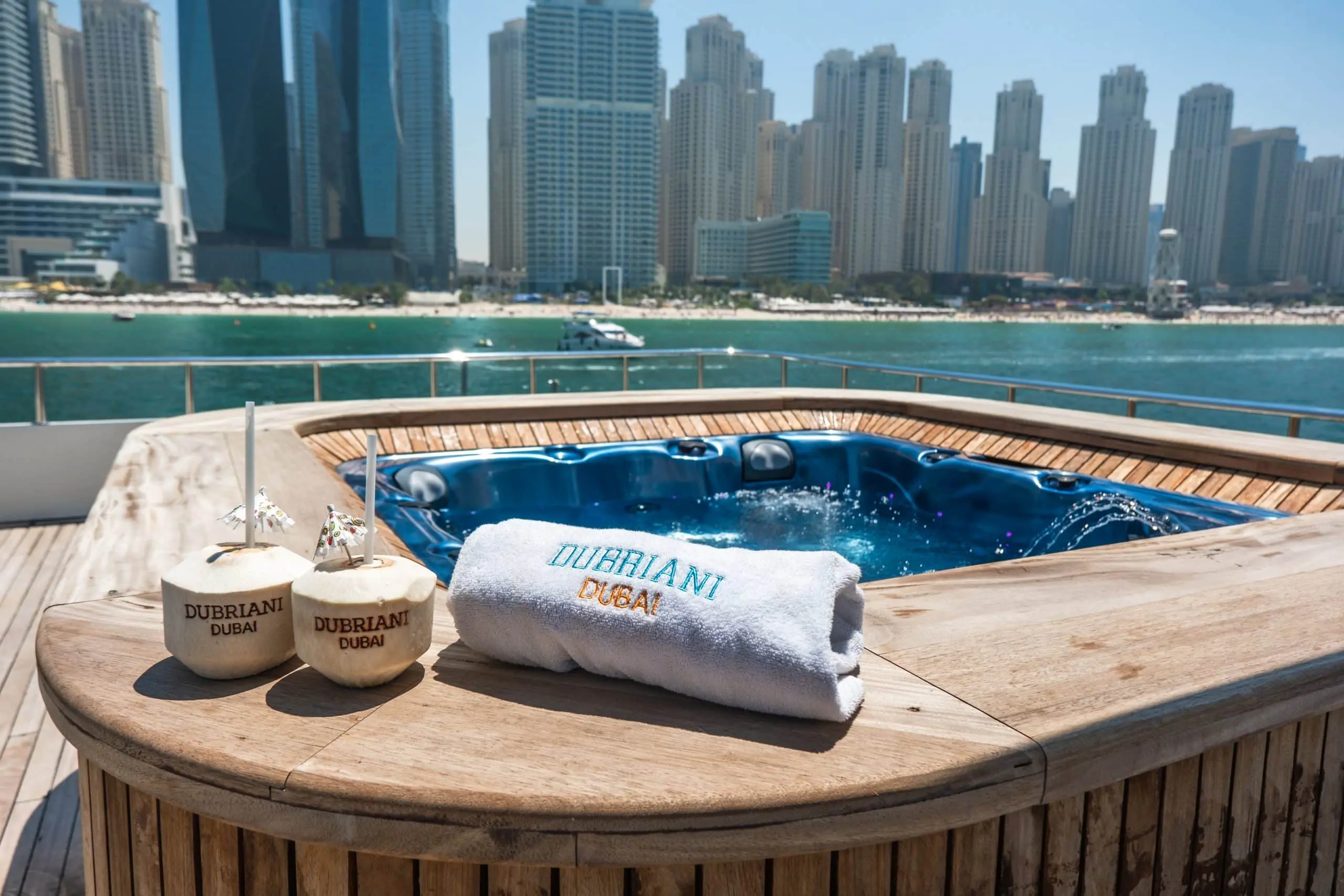 Private hot tub deck on Sapphire 150 Yacht with Dubai skyline