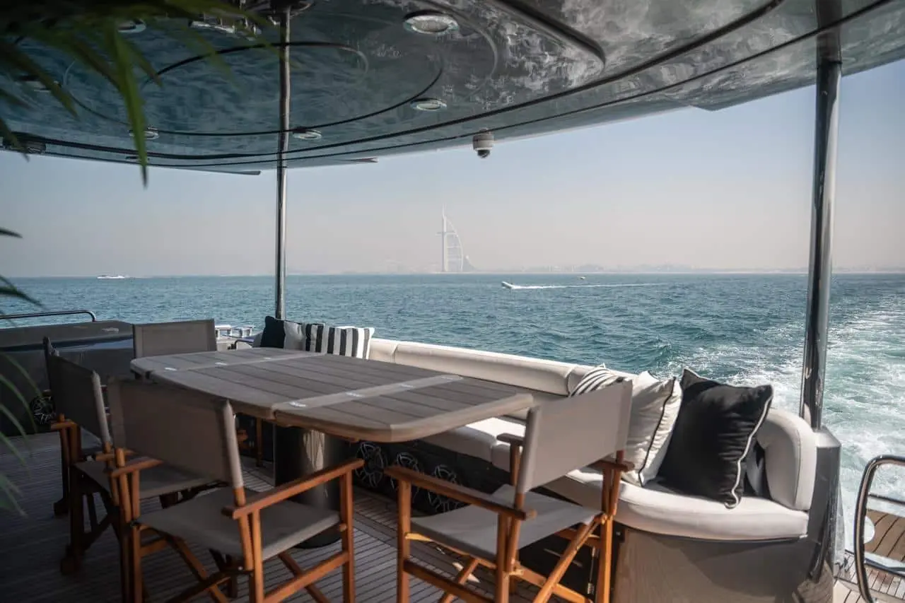 Sunseeker 82 Yacht aft deck dining underway off the Dubai coast
