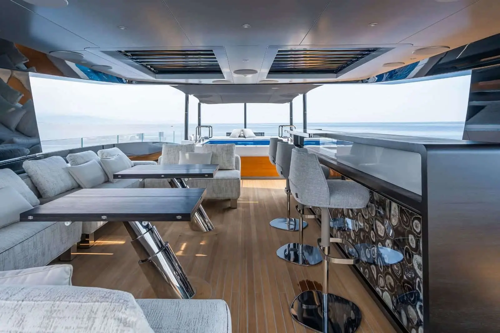 Tankoa S501 flybridge lounge and bar area, shipyard photo