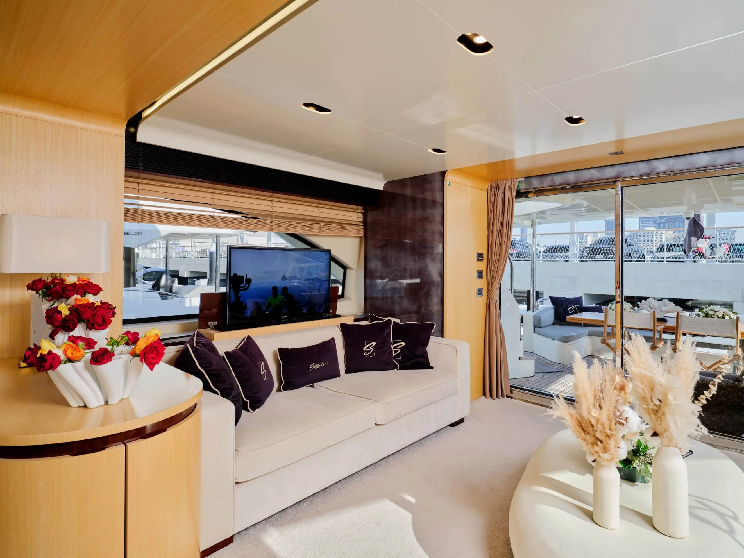 Modern lounge seating with panoramic windows on Azimut 88